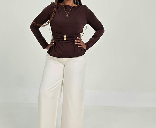 Amani Wrap Top with Gold Buckle – Chocolate Brown