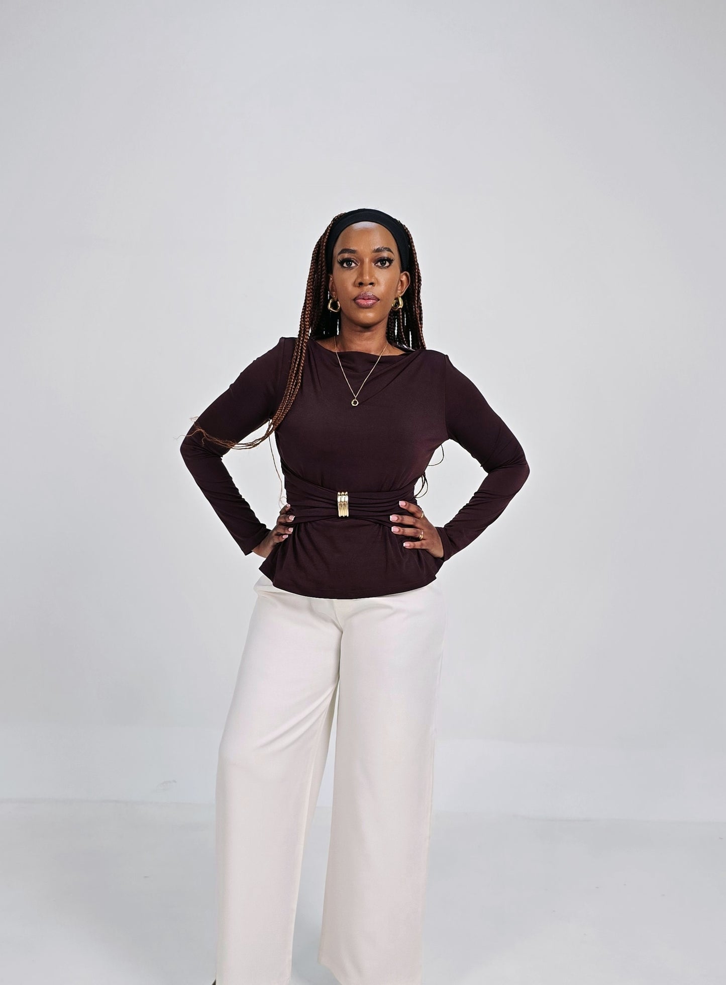 Amani Wrap Top with Gold Buckle – Chocolate Brown