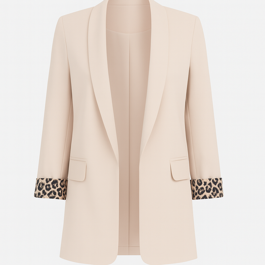 Beige blazer with leopard print cuffs on a white background | www.highercollection.ae 